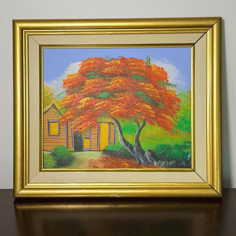 Vintage Caribbean Folk Art Painting Flamboyant Tree Cottage Signed Framed 11x13